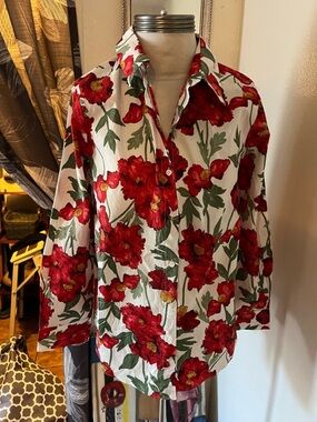 Endless Rose Red White Green Floral Button-Up Shirt Size S